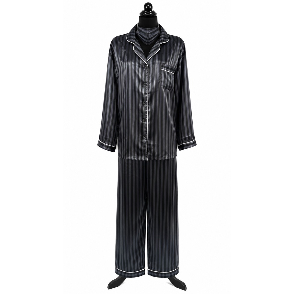 Alexander Del Rossa Long Sleeve Pajama Top Pant Mask Set 3XL Black‎ Stripe Satin